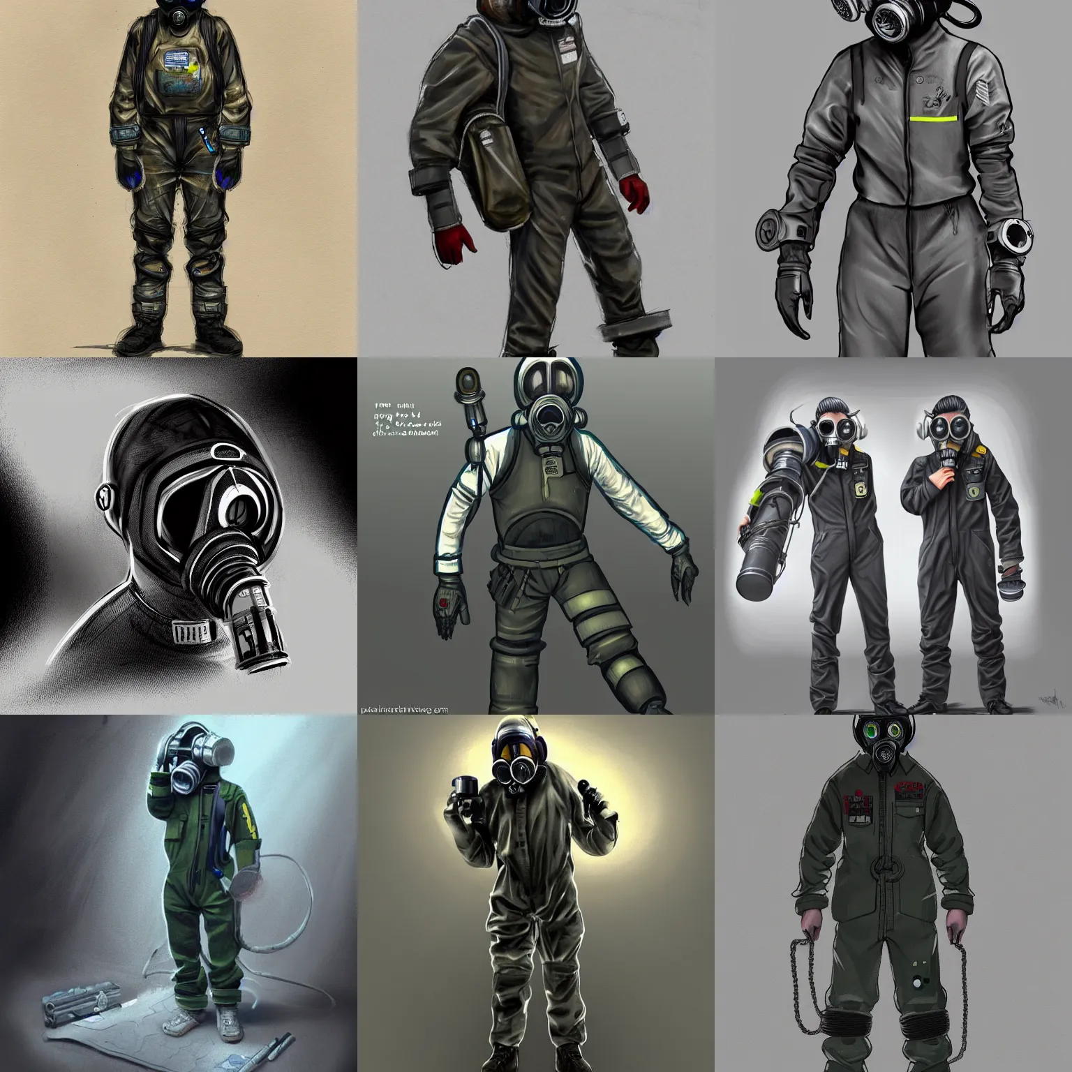 Prompt: teenager wearing a boiler suit and a futuristic gas mask, science fiction concept art, highly detailed, trending on art station