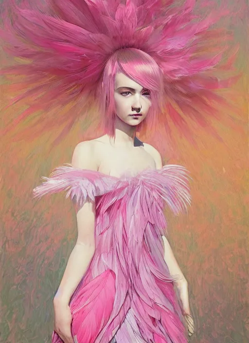 Image similar to beautiful teen girl with an eccentric pink haircut wearing an dress made of feathers, artwork made by ilya kuvshinov, inspired in donato giancola