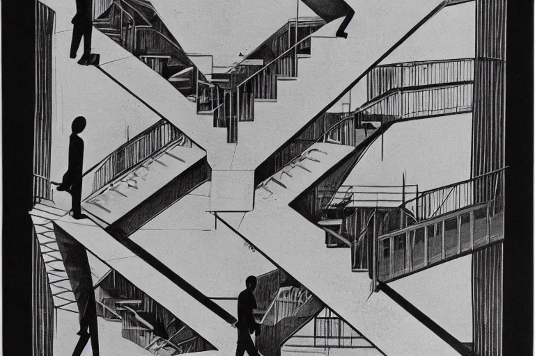 Image similar to M. C. Escher, Relativity. stairs,walk man,Lithograph.