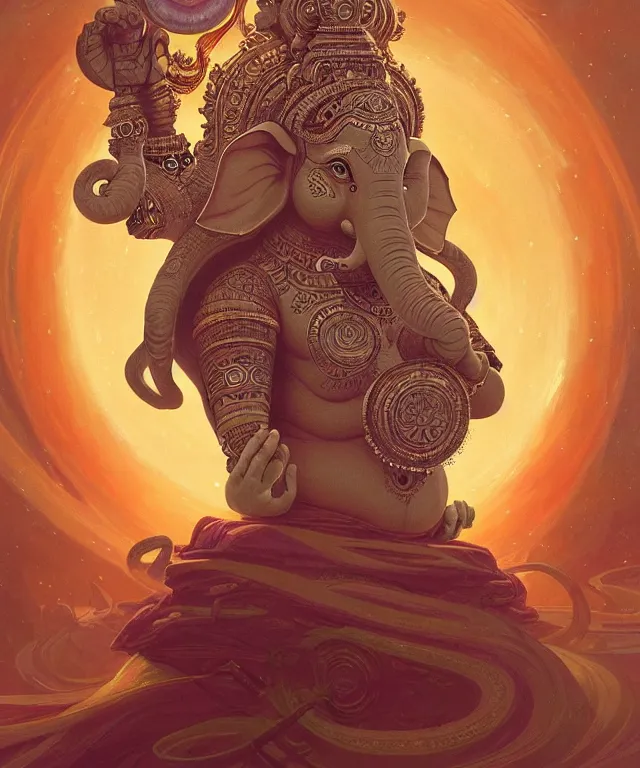 Image similar to intergalactic ganesha, mandala, fantasy, intricate, elegant, highly detailed, digital painting, artstation, concept art, matte, sharp focus, illustration, art by artgerm and greg rutkowski and alphonse mucha