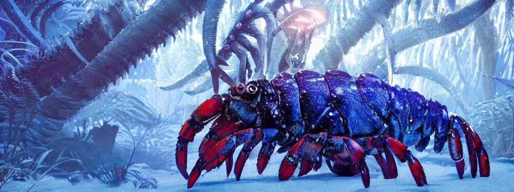 Image similar to large sabretooth lobster with shiny blue fish scales skin and silver electric claws, walking in a dense alien snow covered frosty jungle, with snow covered colourful red, blue and purple plants, large vines, snow covered arched organic rock structures, in the style of monster hunter world, like concept art on artstation, hyperdetailed, vray render, octane render,