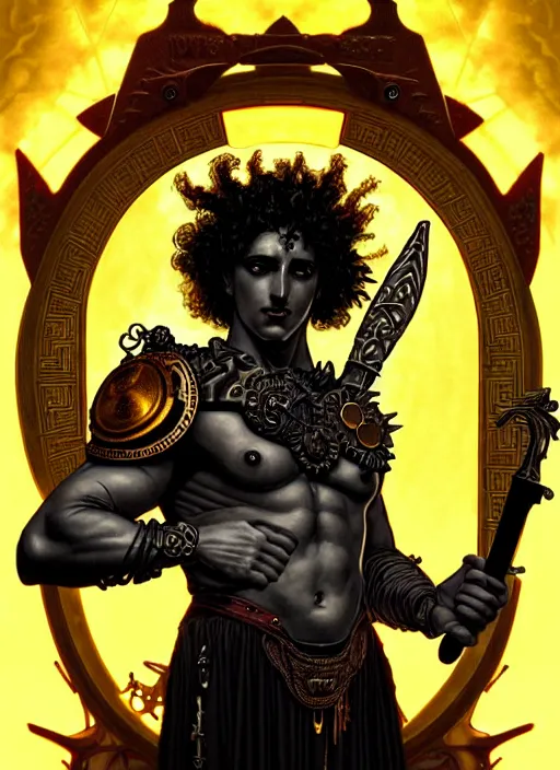 Image similar to portrait of greek god ares, black curly hair, glowing eyes, volumetric lights, war, weapons, yellow red scheme, art nouveau botanicals, gothic, intricate, highly detailed, digital painting, artstation, concept art, smooth, sharp focus, symmetric face, illustration, steampunk, art by artgerm and greg rutkowski and alphonse mucha