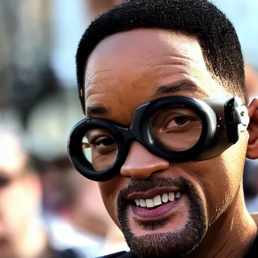 Image similar to will smith wearing big steampunk googles, photo by steve henderson