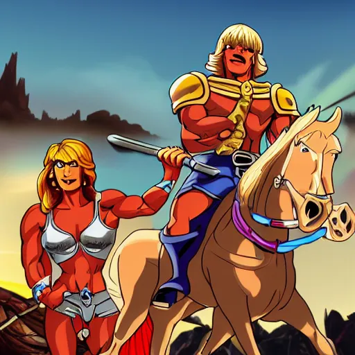 Image similar to He-Man, She-Ra, and Skeletor riding a horse together