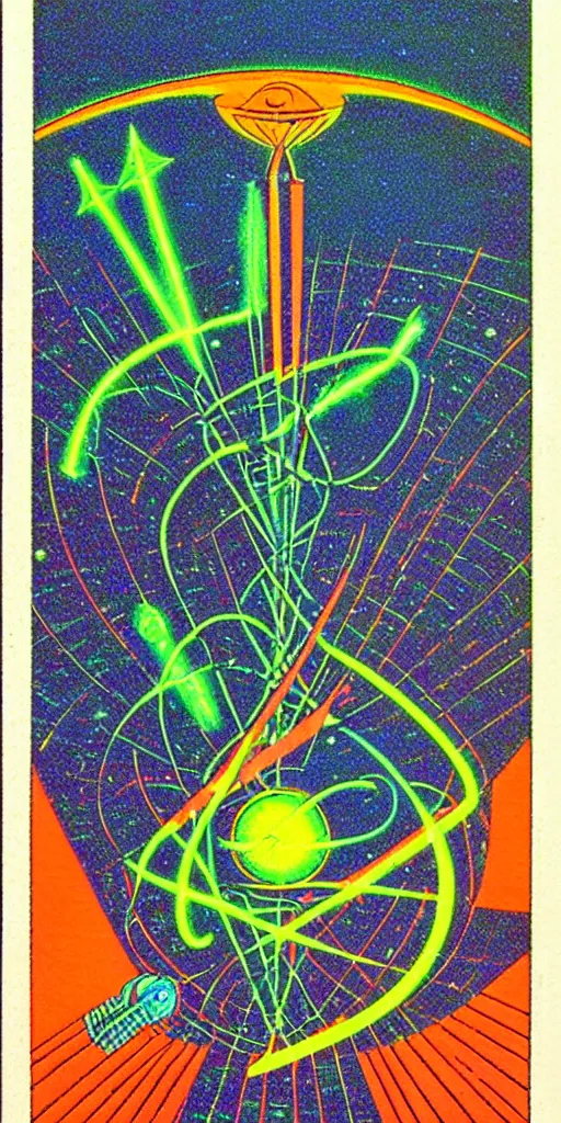 Prompt: 1968 science fiction tarot card, cut out collage, neon Aztec, non Euclidean, spring on Saturn, epic theater, deep sea, mountain plants, drawings in part by moebius, part by Ernst Haekl, text by William S Boroughs