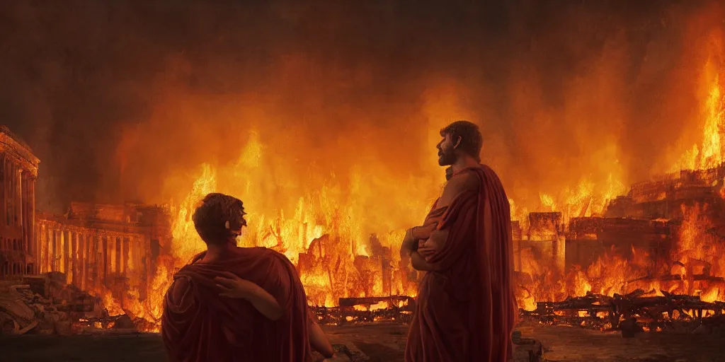 Image similar to Painting of Emperor Nero watching the great fire of rome, abstract, realism, 8k, detailed, terror, octane render, 3d render, complex emotion, glow