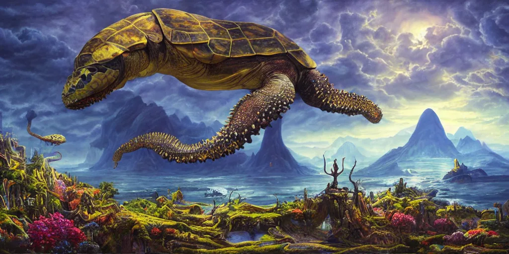 Image similar to fantasy oil painting, great leviathan, cybernetic turtle cephalopod terrapin reptilian pachyderm squid, bella hadid, hybrid, milla jovovich, anubis, epic natural light, lush plants flowers, spectacular mountains, bright clouds, luminous sky, outer worlds, golden hour, michael cheval, edward hopper, michael whelan, vray, hd