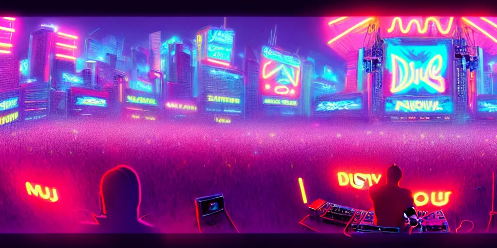 Image similar to dj plays big music at the biggest festivals in the world to a huge crowd, with lots of blaring neon lights in the spirit of synthwave, highly detailed, digital painting, artstation, concept art, matte, sharp focus, illustration, art by artgerm and greg rutkowski and mike mignogna