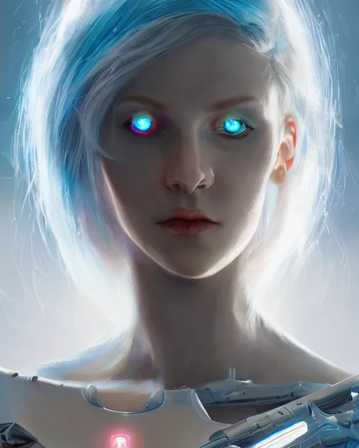 Prompt: holy cyborg necromancer girl, elegant, scifi, futuristic, utopia, garden, atmosphere, white hair, blue eyes, extreme detail, glow, intricate, full of colour, cinematic lighting, trending on artstation, detailed, 4 k, art by martin dubeau