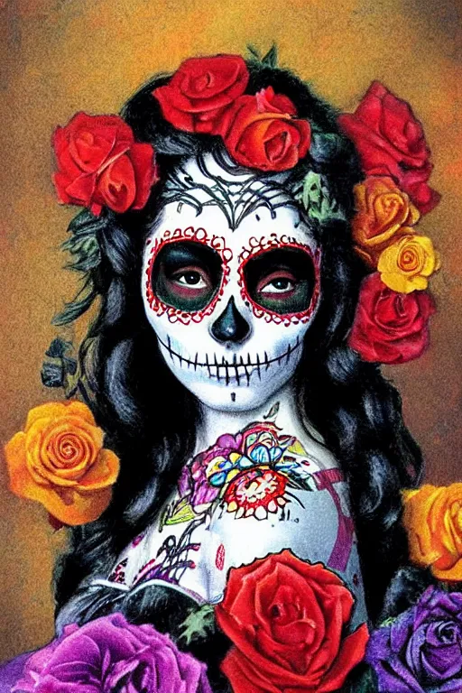 Prompt: Illustration of a sugar skull day of the dead girl, art by Paul Gustav Fischer