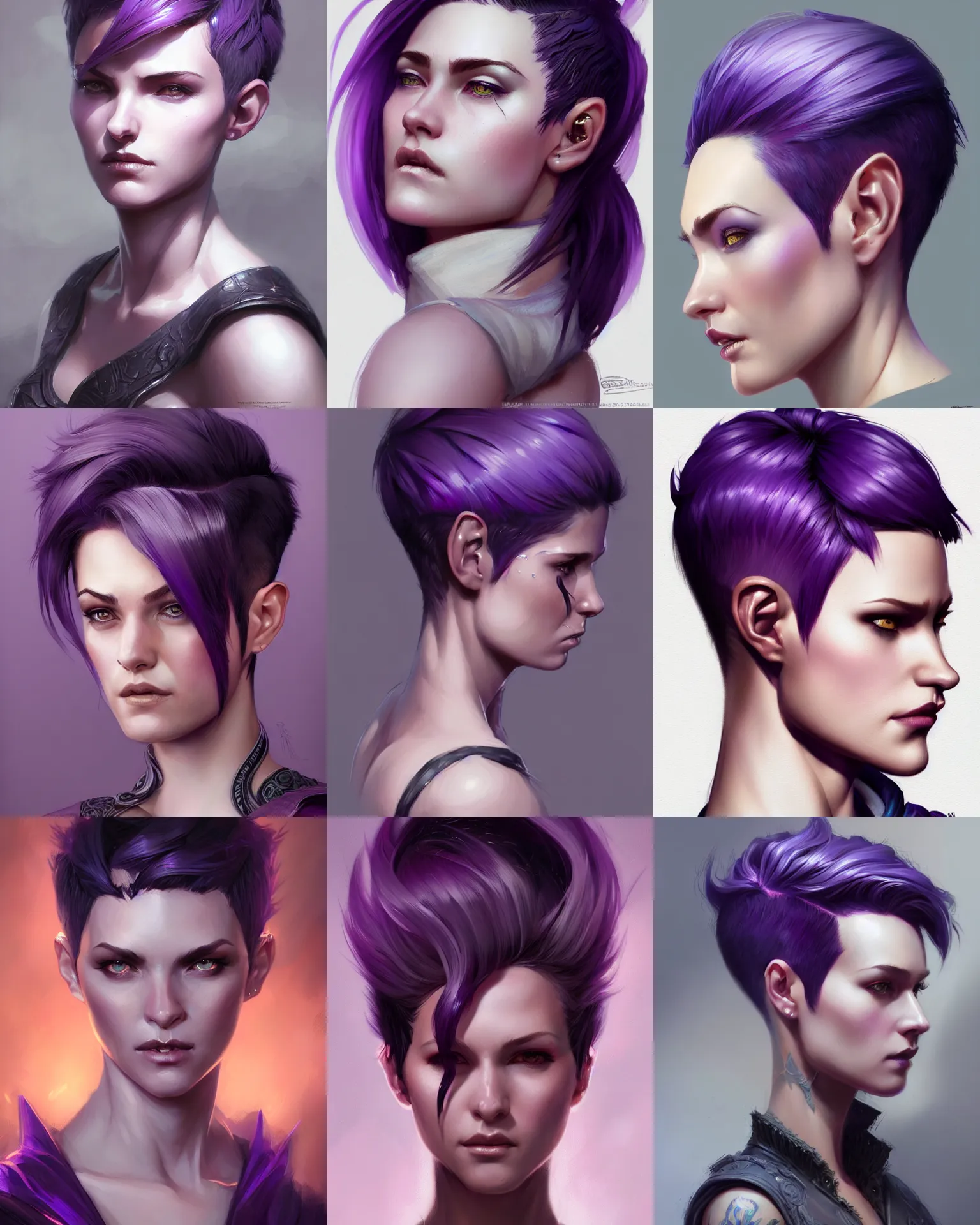 Prompt: Portrait of an attractive adult female model, D&D fantasy magic, pixie undercut hairstyle, black to purple fade hairstyle, intricate, highly detailed, digital painting, artstation, concept art, sharp focus, illustration, art by greg rutkowski and ross draws