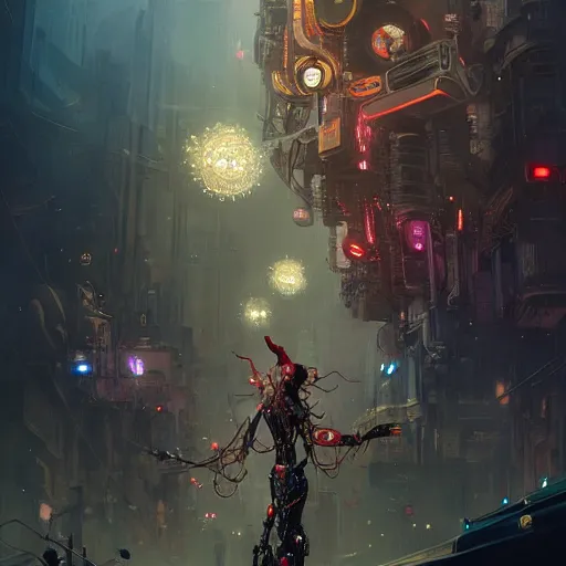 Prompt: crowded place, people with extremely large and intricate eye cyberpunk bionics with angry red eyes and slim features, cyberpunk, bionics, augments, lights, cables, elegant gleaming intricate baroque jewellery, colorful, vivid, imposing, epic, digital painting, artstation, concept art, by peter mohrbacher and wlop and rhads,