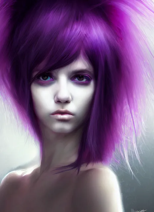 Image similar to hair whitebangs hair, black cyberlox, portrait of normal teenage girl, white bangs, messy bangs, fluffy bangs, cyberlox, whitebangs, red irises, purple background, intricate, elegant, highly detailed, digital painting, artstation, concept art, sharp focus, smooth, illustration, art by wlop, mars ravelo and greg rutkowski