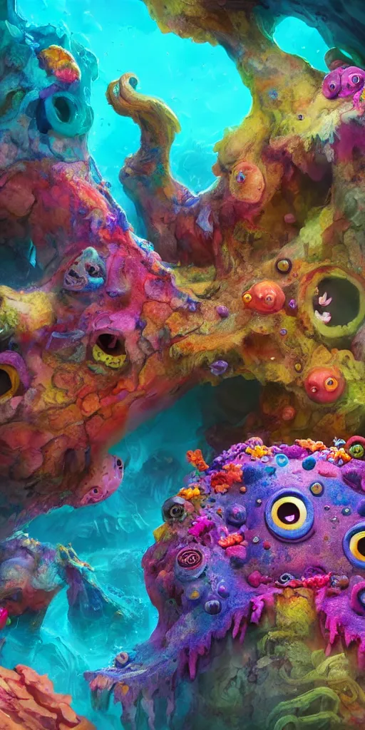 Image similar to of a colorful under water cave with strange cute friendly happy creatures with huge eyes, mouth, long tongue and round teeth appearing from sandy coral, in the style of gehry and gaudi, macro lens, shallow depth of field, ultra detailed, digital painting, trending artstation, concept art, illustration, cinematic lighting, photorealism, epic, octane render