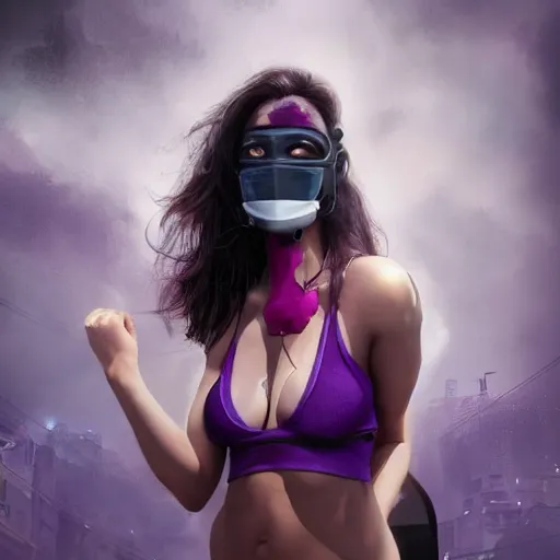 Image similar to photo of a gorgeous caucasian female with long dark purple hair in the style of stefan kostic, tank top, mask, realistic, cyberpunk, body shot, sharp focus, 8 k high definition, insanely detailed, intricate, elegant, art by stanley lau and artgerm, floating embers