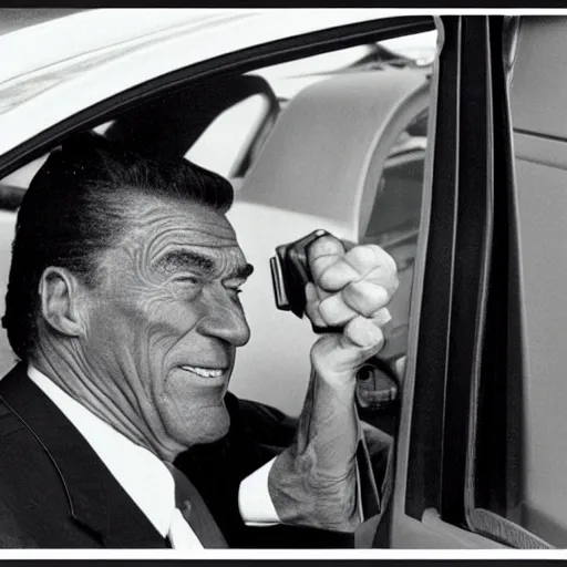 Image similar to “ ronald regan nervously locking his car door as he drives past a black person ”