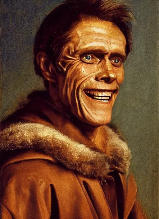 Prompt: portrait painting of willem dafoe with stubble smiling warmly, renaissance oil painting, studious chiaroscuro