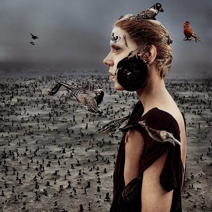 Prompt: closeup portrait of a woman with birds growing out of her face, standing in a desolate apocalyptic city, by Annie Leibovitz and Steve McCurry, natural light, detailed face, CANON Eos C300, ƒ1.8, 35mm, 8K, medium-format print