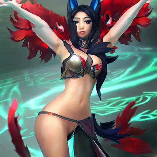 Image similar to Ahri from League Of Legends (2009 online videogame) in a spinoff in blade and soul artbook on a render by the artist Hyung tae Kim, Jiyun Chae, Joe Madureira, trending on Artstation by Hyung tae Kim, artbook, Stanley Artgerm Lau, WLOP, Rossdraws , James Gurney