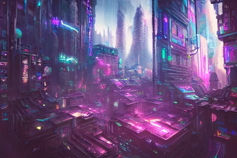 Prompt: a populated psychedelic cyberpunk city with astral beings flying through it at the edge of existence where intensely creative astral beings live, in the style of wlop, illustration, epic, fantasy, hyper detailed, smooth, unreal engine, sharp focus, ray tracing