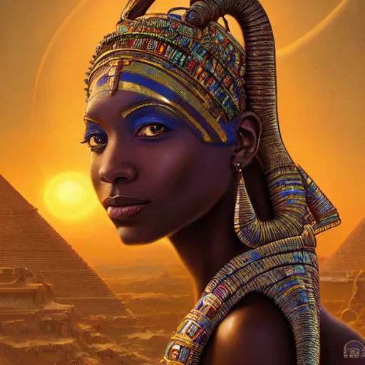 Image similar to highly detailed portrait of an african egyptian goddess, intricate alien technology, stephen bliss, unreal engine, fantasy art by greg rutkowski, loish, rhads, ferdinand knab, makoto shinkai and lois van baarle, ilya kuvshinov, rossdraws, tom bagshaw, global illumination, radiant light, detailed and intricate environment