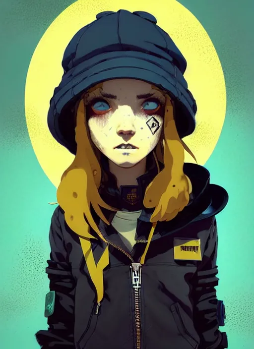 Image similar to highly detailed portrait of a sewer punk lady student, blue eyes, leather hoody, hat, wavy hair by atey ghailan, by greg rutkowski, by greg, tocchini, by james gilleard, by joe fenton, by kaethe butcher, gradient yellow, black, brown and cyan color scheme, grunge aesthetic!!! ( ( graffiti tag street background ) )