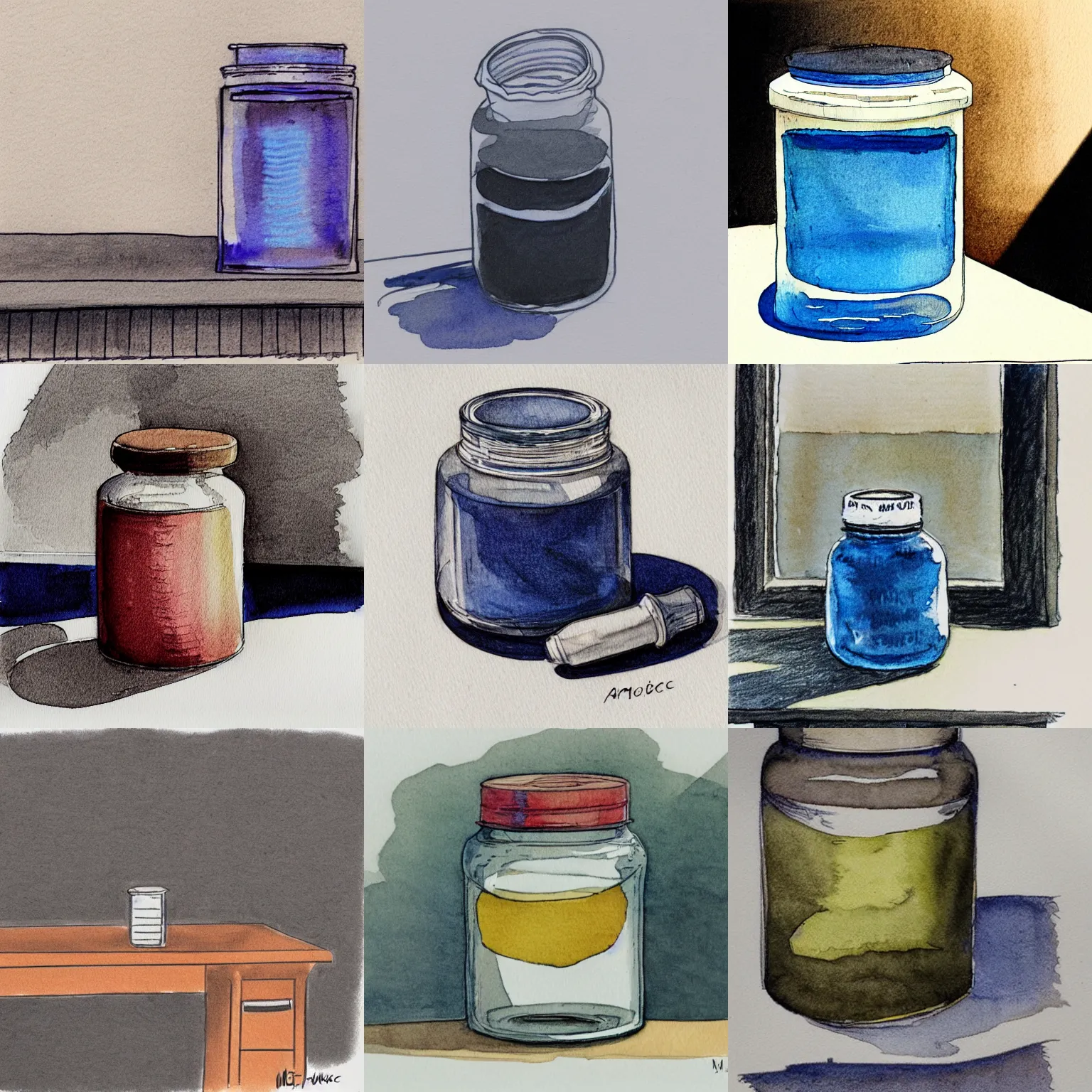Prompt: sketch of jar of ink on a desk, afternoon lighting, watercolor, by moebius