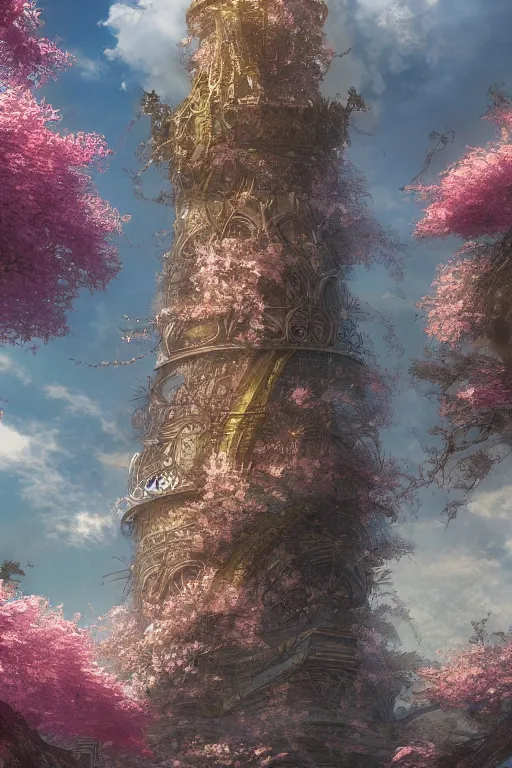 Image similar to hyperdetailed ancient wizard tower with sakura trees, cinematic highly detailed artstation hyperstylized illustrated by moebius and yoshitaka amano