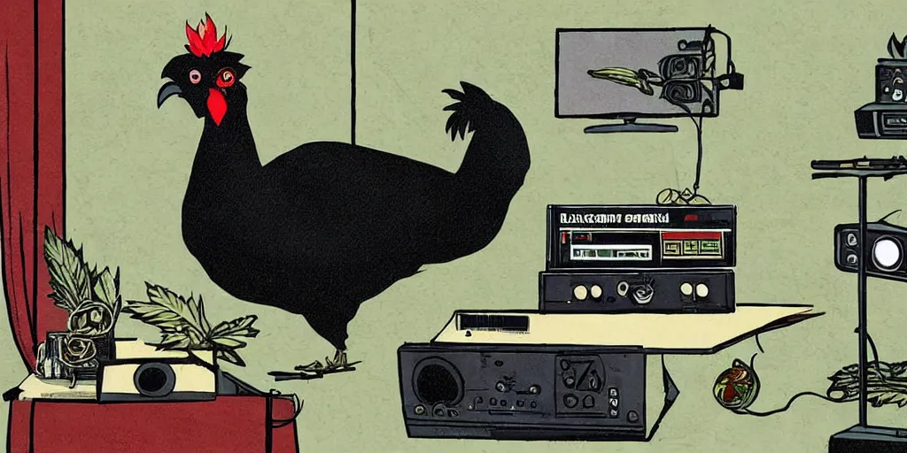 Image similar to 'black chicken'!!! smoking 'cannabis'!!!!!! in front of 'audio console'!!!! and 'multi monitors'!!!! 'in a hi-tech tv broadcasting studio'!!!!, artwork by James Gilleard