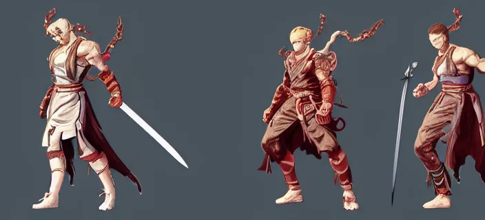 Image similar to character design, idle, colored, sword, sprite, tekken, pc game, sideview, art by moebius and greg rutkowski! dream character design, idle, colored, sword, sprite, hades by supergiant games, pc game, sideview, art by moebius and greg rutkowski and artgerm