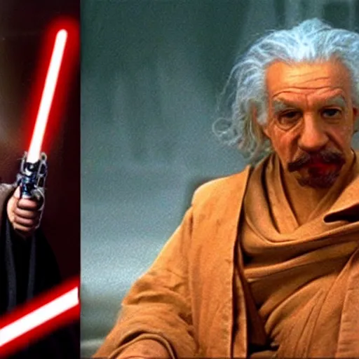 Image similar to a still from star wars : the phantom menace, showing albert einstein!!! as a jedi, having a lightsaber duel with darth maul