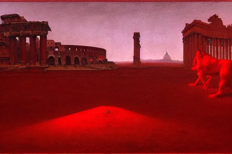 Image similar to only with red, caesar after war, a red tiger, in hoc signo vinces, rome in background, an ancient path, in the style of beksinski, part by hopper, part by rodcenko, part by hofbauer, intricate composition, red by caravaggio, insanely quality, highly detailed, masterpiece, red light, artstation