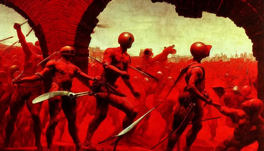 Image similar to only with red, a lightly armored gladiator in a crowded roman amphitheatre, crowd cheering, in the style of beksinski and edward hopper and rodcenko and yue minjun and rolf armstrong, intricate and epic composition, red by caravaggio, highly detailed, masterpiece, red light, artstation