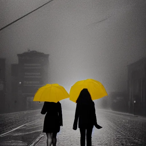 Image similar to A dramatic portrait of a couple wearing yellow rain coat , holding red umbrella , walking in a black and white street . Cinematic lighting