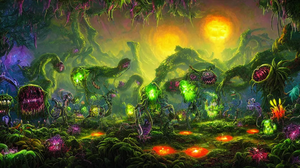 Prompt: glowing alien flowers with large teeth and fangs eat humans and grow out of the dark in a verdant jungle, bioluminescent monsters grin in the background by thomas kinkade and alejandro burdisio.