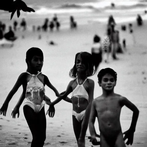 Image similar to kids on halloween costumes in copacabana beach, rio de janeiro, 8 0 s, nostalgic photograph, 3 5 mm, iso 4 0 0, kodak