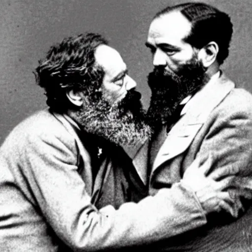 Prompt: Karl Marx and Sigmund Freud hugging and kissing, 1920, Bedroom backround