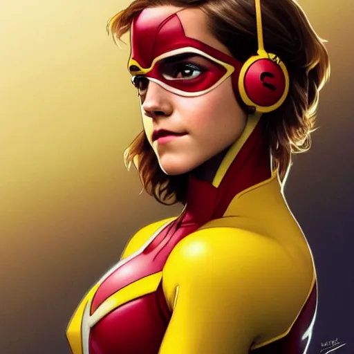 Image similar to beautiful Emma Watson as Kid Flash with a headset, western, closeup, D&D, fantasy, intricate, elegant, highly detailed, digital painting, artstation, concept art, matte, sharp focus, illustration, art by Artgerm and Greg Rutkowski and Alphonse Mucha