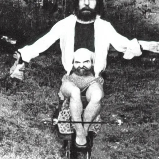 Image similar to charles manson riding a flying fish