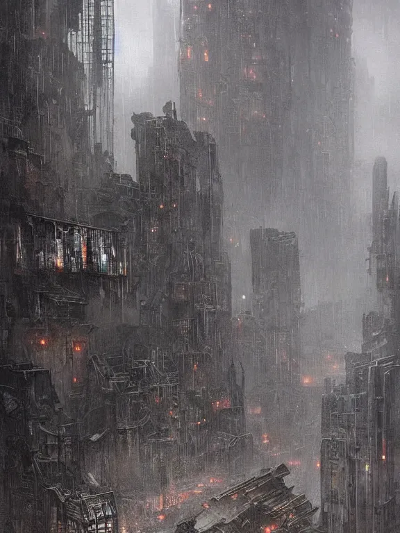 Image similar to a dark ruin city of a heart among the brutalism wreckage buildings in the rain,at dusk,by Hugh Ferriss,James Paick,Greg Rutkowski,aaron horkey,trending on pinterest,Blade Runner 2049,luxury,mythological,ultra realistic,high detail,golden ratio,cinematic lighting,maximalist