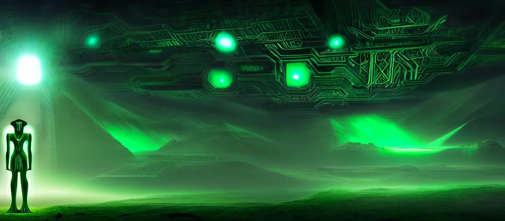 Image similar to the ethereal god of technology close shot the gift of green circuits to humanity. immaculate matte painting. fantastic. velvet and emerald. high key studio lighting. fractal dreams. ancient egypt, trending on artstation, cgsociety, ps 5, uhd 8 k cryengine