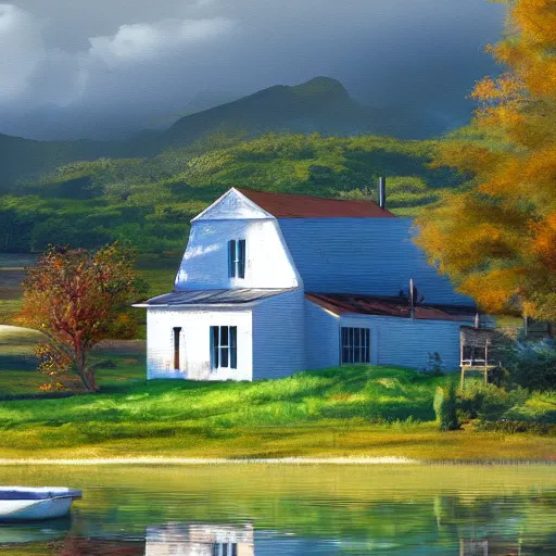 Image similar to farmhouse beside a lagoon, digital art, artstation, Darrel k sweet