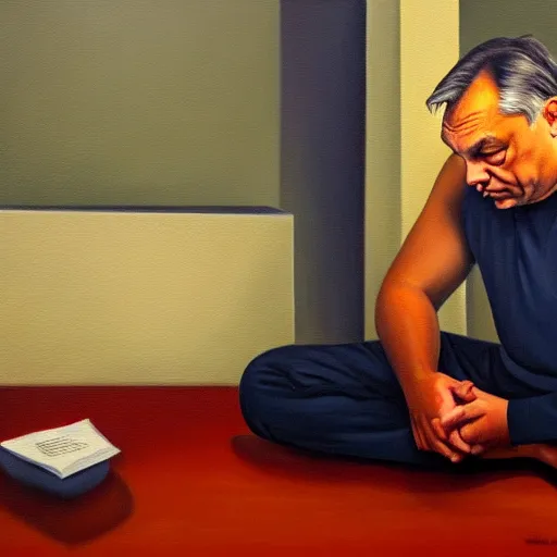 Image similar to viktor orban meditating in a cubicle, oil painting