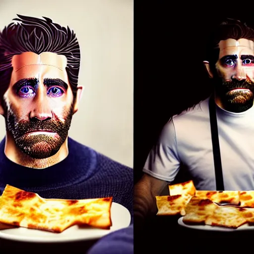 Image similar to food photography of jake gyllenhaal's face fused with halloumi cheese ( ( white halloumi cheese hybrid with jake gyllenhaal face ) ), jake gyllenhaal sentient cheese man, by greg rutkowski