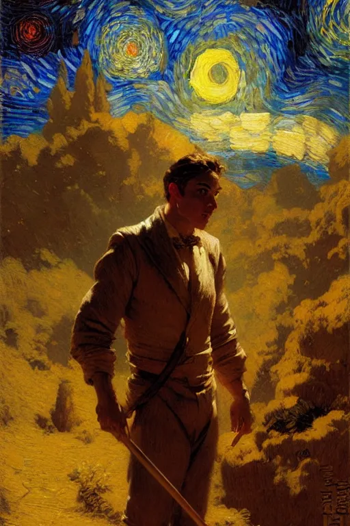 Image similar to attractive male playing pinao, starry night, painting by gaston bussiere, craig mullins, j. c. leyendecker