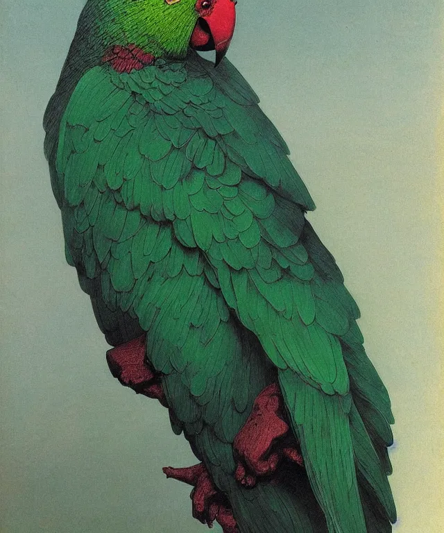 Image similar to beautiful emerald green parrot with red aura and eyes, by zdzisław beksinski, by gustave dore