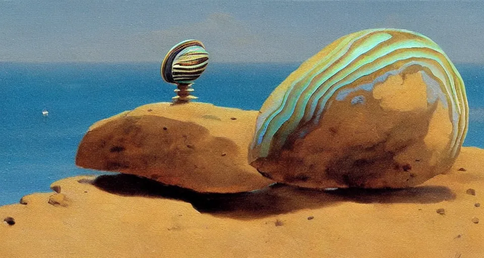 Image similar to oil painting of a tiny abalone seashell house on top of a rock, by roger dean, syd mead, cell shaded graphics, concept art, minimalist