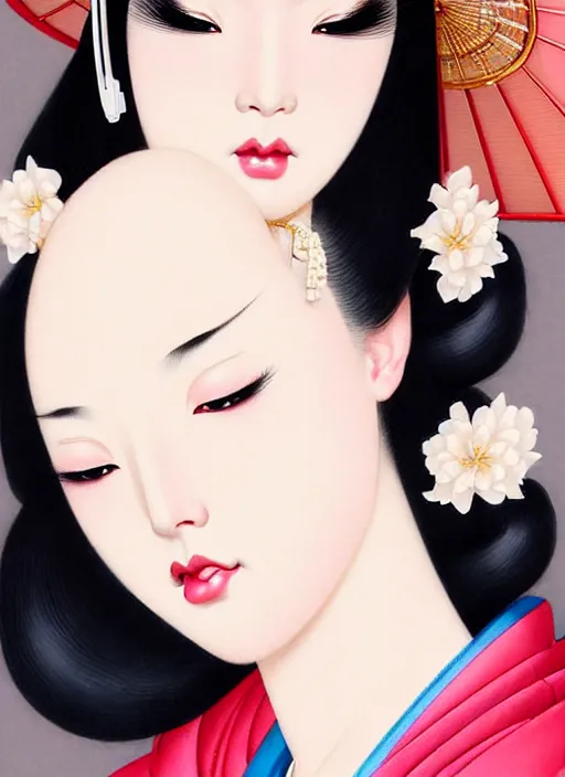 Prompt: glamorous and sexy Geisha, beautiful pale makeup, pearlescent skin, seductive eyes and face, elegant japanese woman, lacivious pose, very detailed face, seductive, elegant bras, translucent coloured kimono, ancient japanese temple on the background, photorealism, a portrait by artgerm, rossdraws, Norman Rockwell, magali villeneuve, Gil Elvgren, Alberto Vargas, Earl Moran, Enoch Bolles