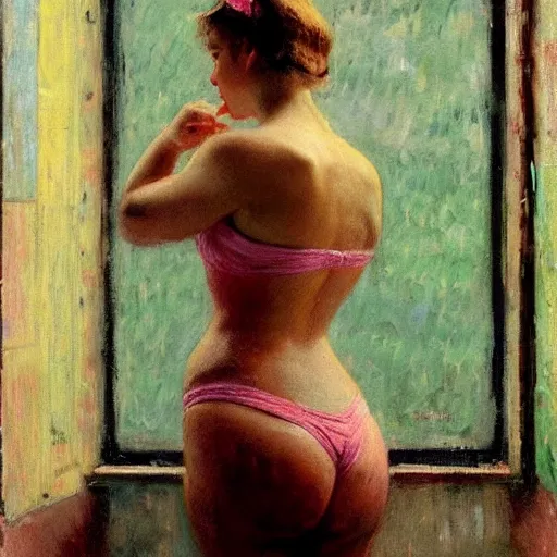 Image similar to A woman looking through a rainy window, back view, wide shot, pink string bikini, modest, 1950s, americana, award-winning, warm colors, by Ilya Repin, deviantart