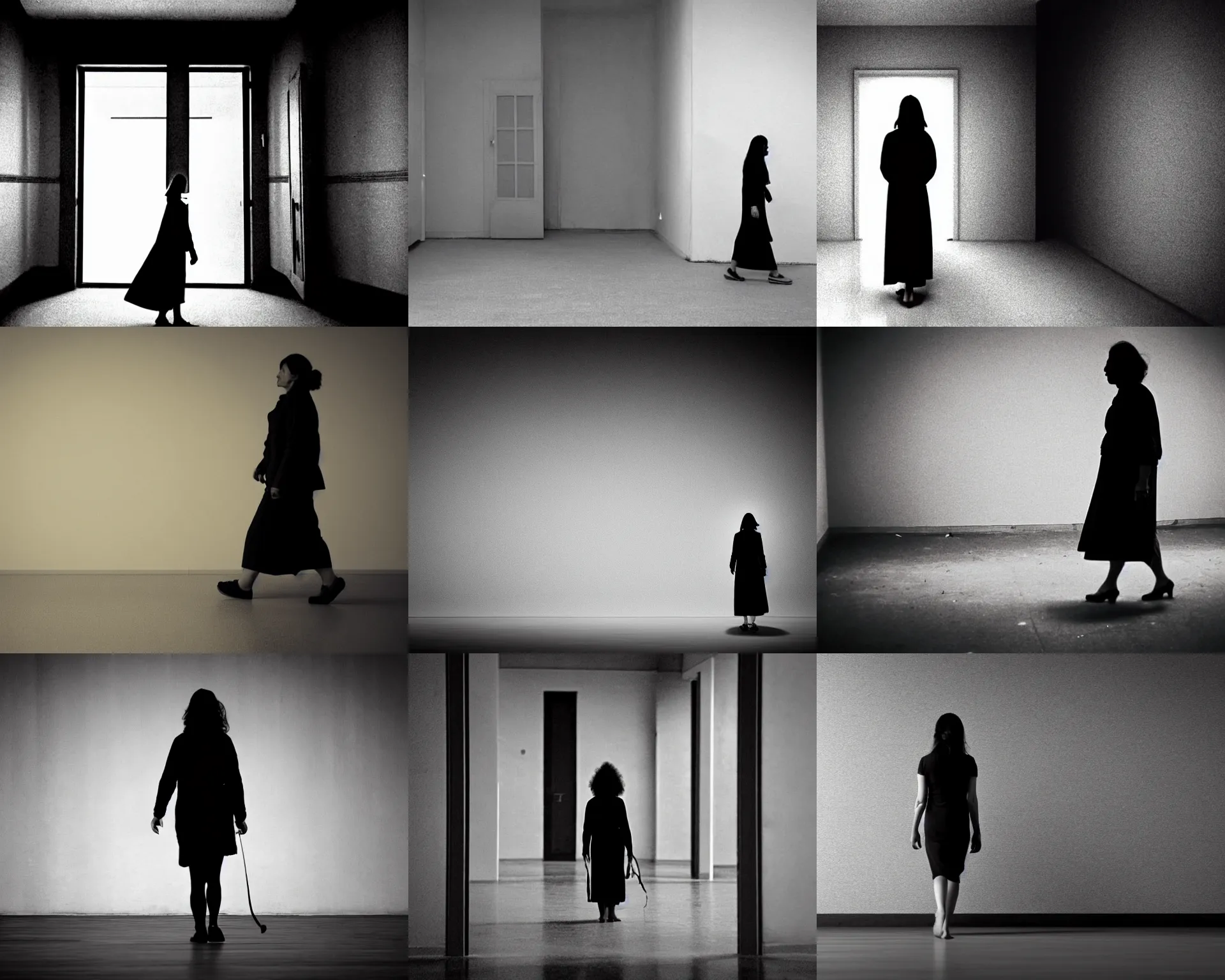 Prompt: Woman walking alone in solitude. The woman is just walking alone through the dark. The woman is alone and waiting for the end of the world. a woman in solitude and contemplation The man is alone in this empty room. The woman is solitary and waiting for godot The solitary woman with the empty cabinet is a reflection of the isolation of man